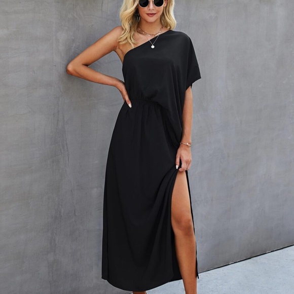 black one shoulder side slit maxi dress classic - Picture 3 of 3